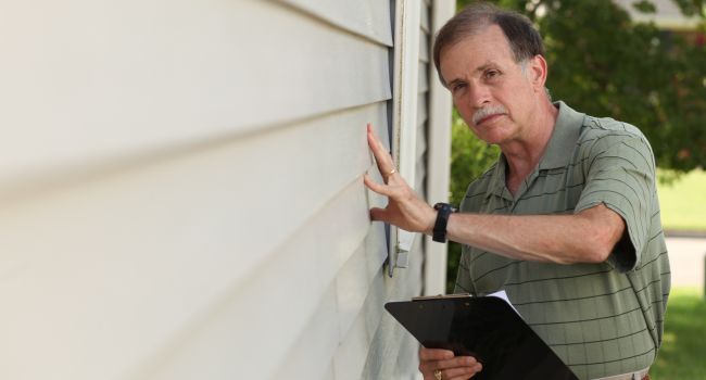 a home contractor in a green shirt checking an exterior wall